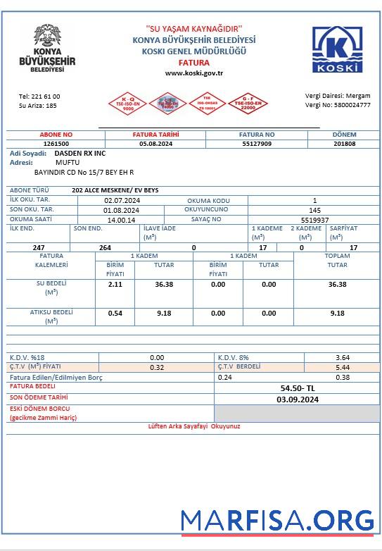 Blank Turkey water business utility bill template in Word and PDF formats